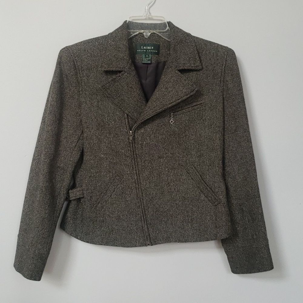 Ralph Lauren Jacket Womens sz 8 Wool Tweed Asymmetric Zip Equestrian Cinch Coat
